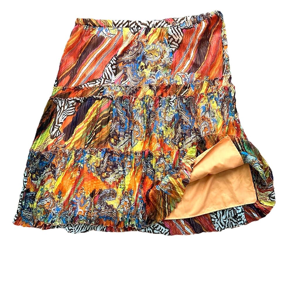 Silk Peter Nygard Skirt 3X Multicolor Midi Tiered Crinkle Metallic Mixed Print